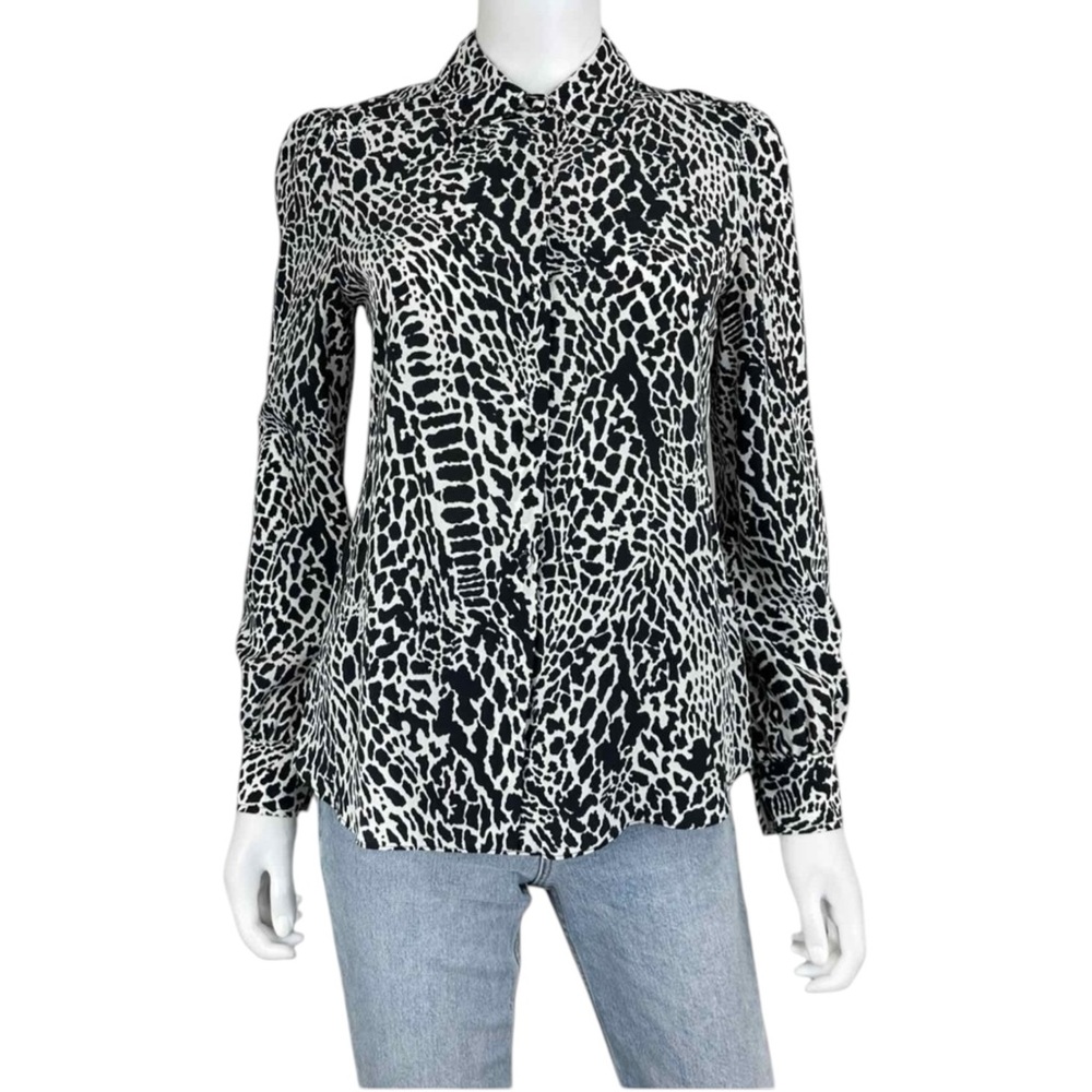 FRAME Black Animal Print Silk Button-Down Shirt Size XS A0001